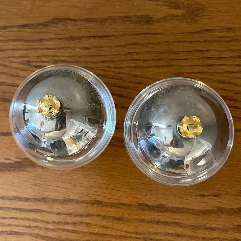Set of 2 Glass and Metal‎ Condiment Jars Slotted Lid Silver Gold Trinket Jar
